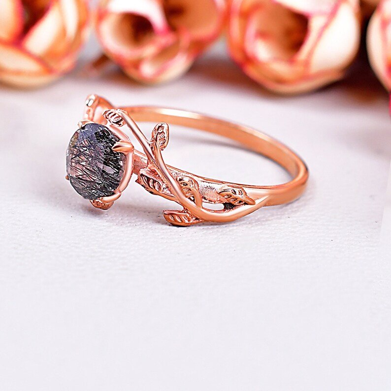 Natural Inspired Leaf Black Rutilated Quartz Ring
