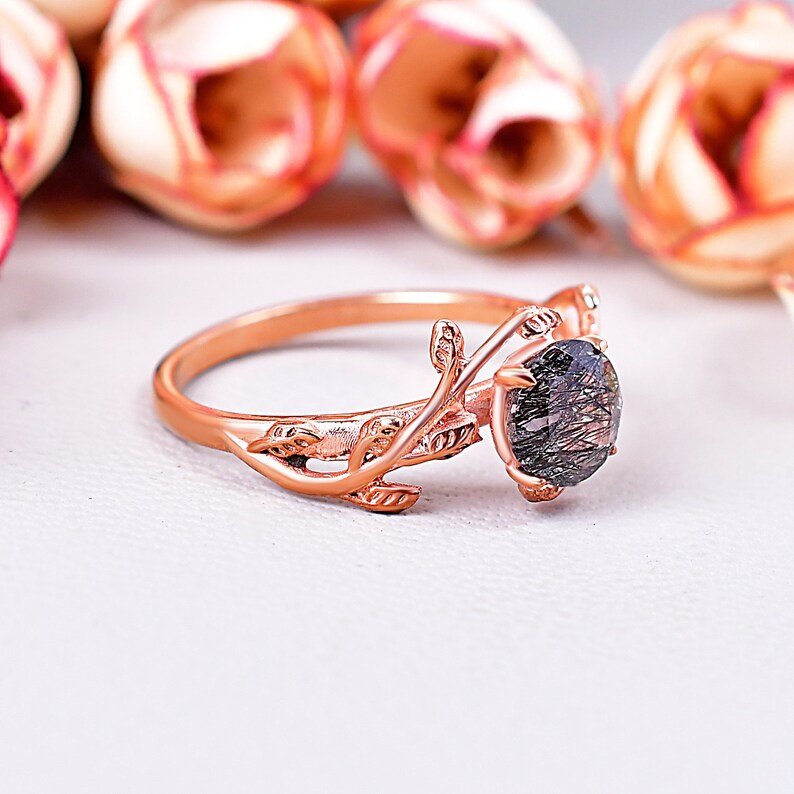 Natural Inspired Leaf Black Rutilated Quartz Ring