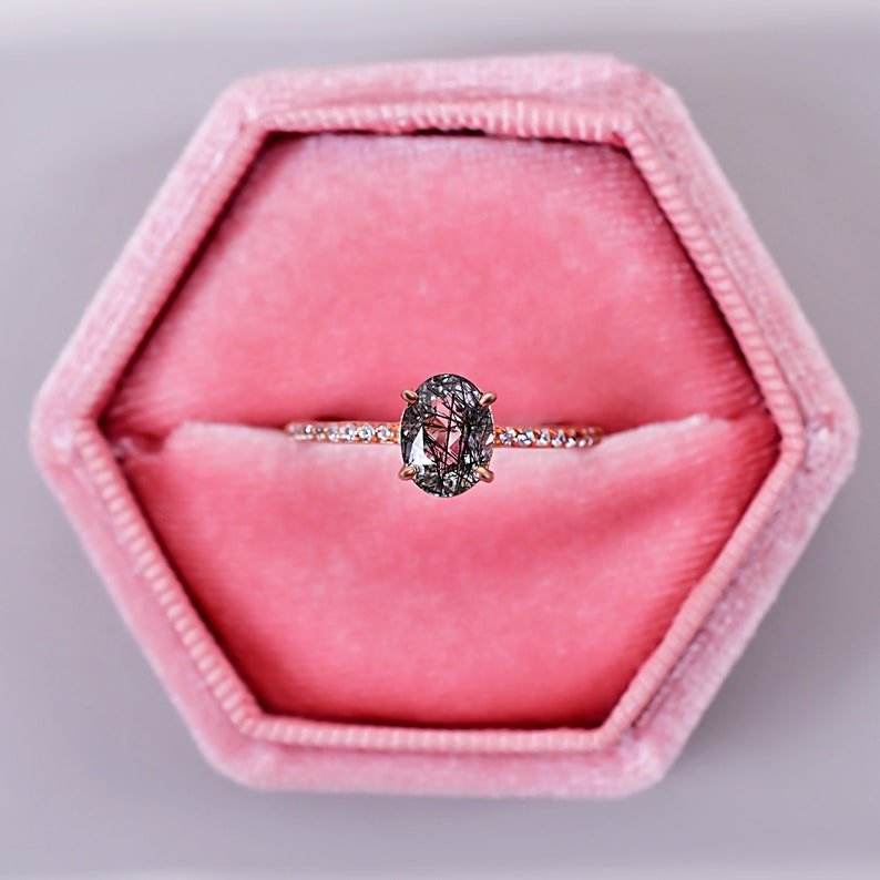 Unique Oval Cut Black Rutilated Quartz Engagement Ring