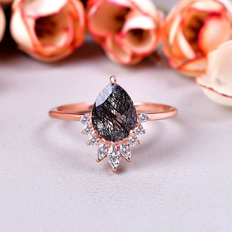 Black Rutile Quartz Designer Wedding Ring