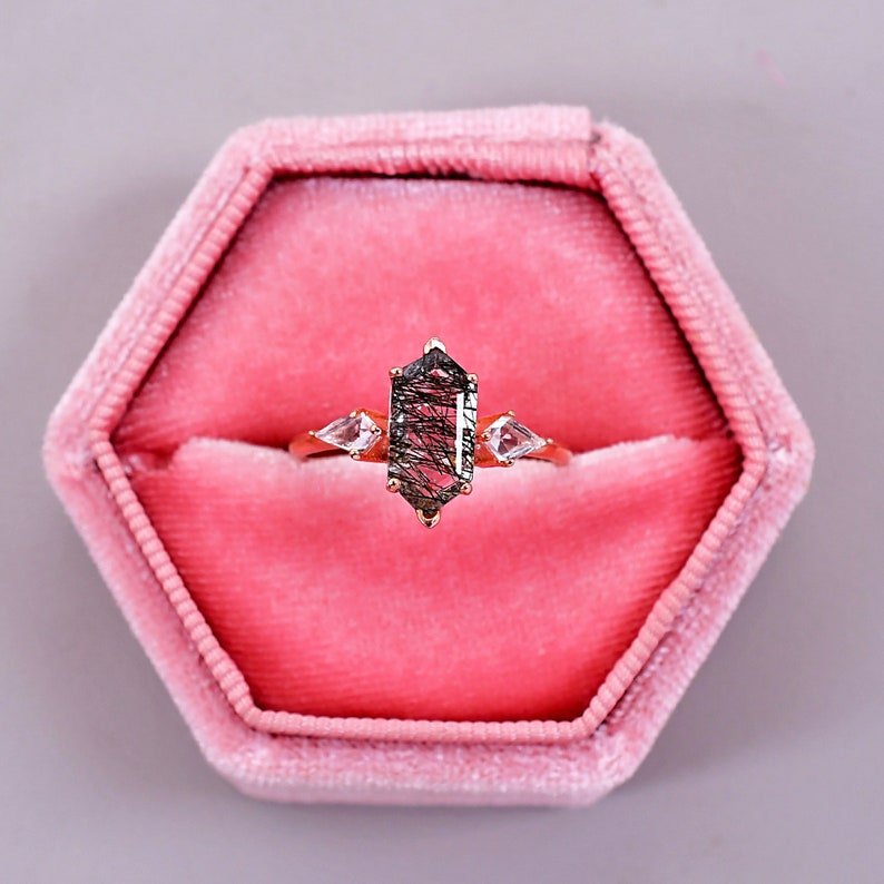 Hexagon Black Rutile Quartz Engagement Ring