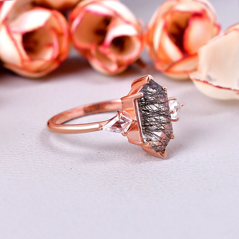 Hexagon Black Rutile Quartz Engagement Ring