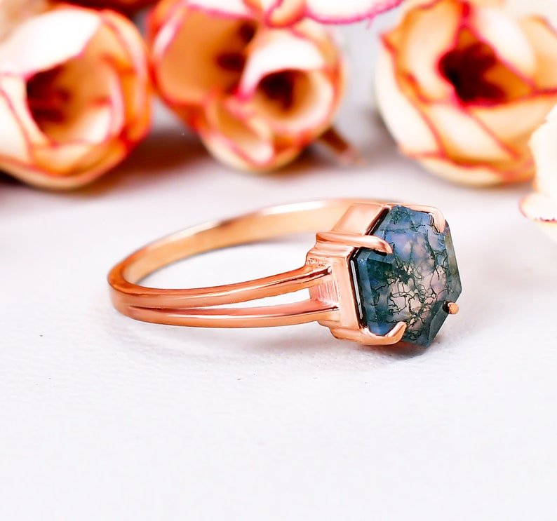 Natural Moss Agate Vintage Style Hexagon Engagement Ring