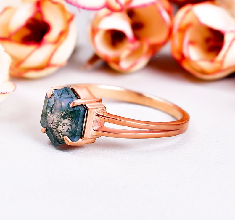 Natural Moss Agate Vintage Style Hexagon Engagement Ring