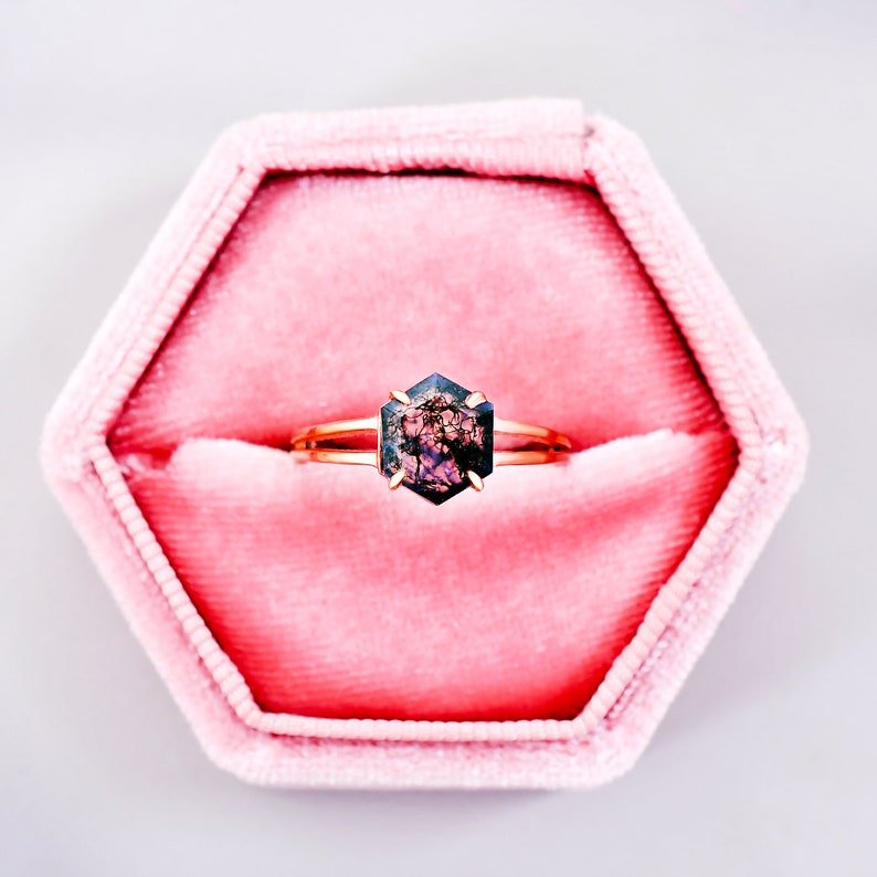Natural Moss Agate Vintage Style Hexagon Engagement Ring