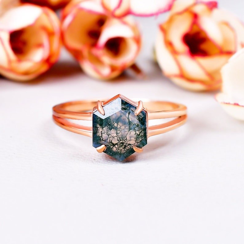 Natural Moss Agate Vintage Style Hexagon Engagement Ring