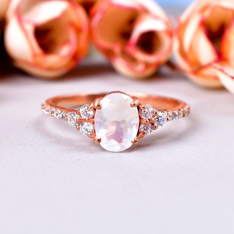Oval 8X6mm Rainbow Moonstone Engagement ring