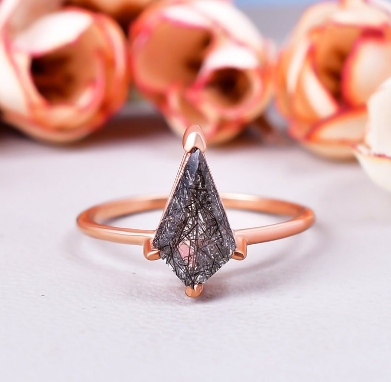 Natural Black Rutile Quartz Kite Shape Wedding Ring