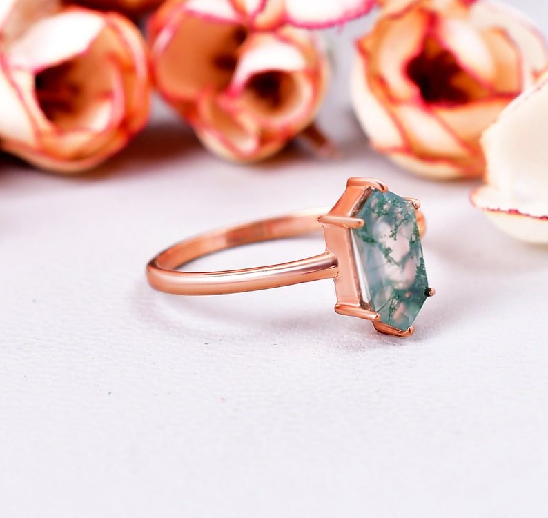 Unique Long Hexagon Moss Agate Promise Ring