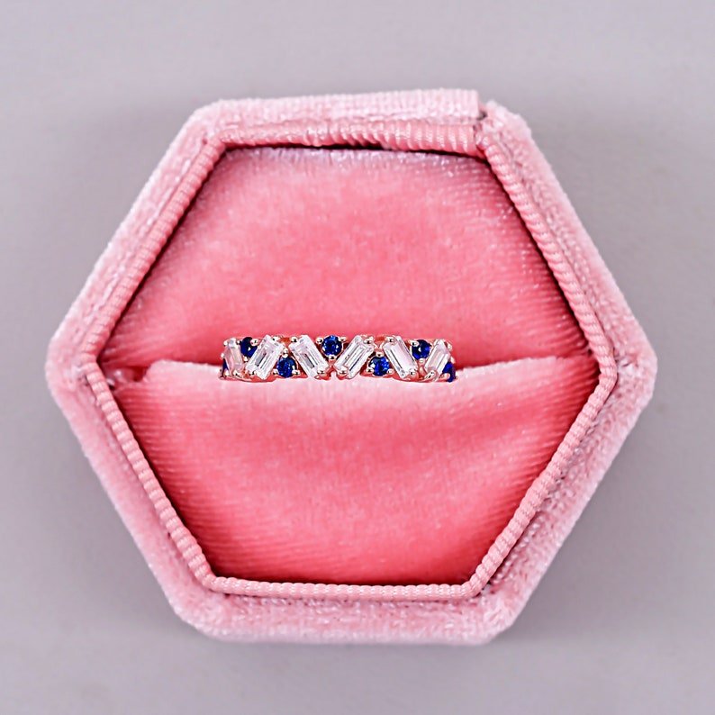 Vintage Baguette Cut Moissanite & Blue Sapphire Wedding Ring