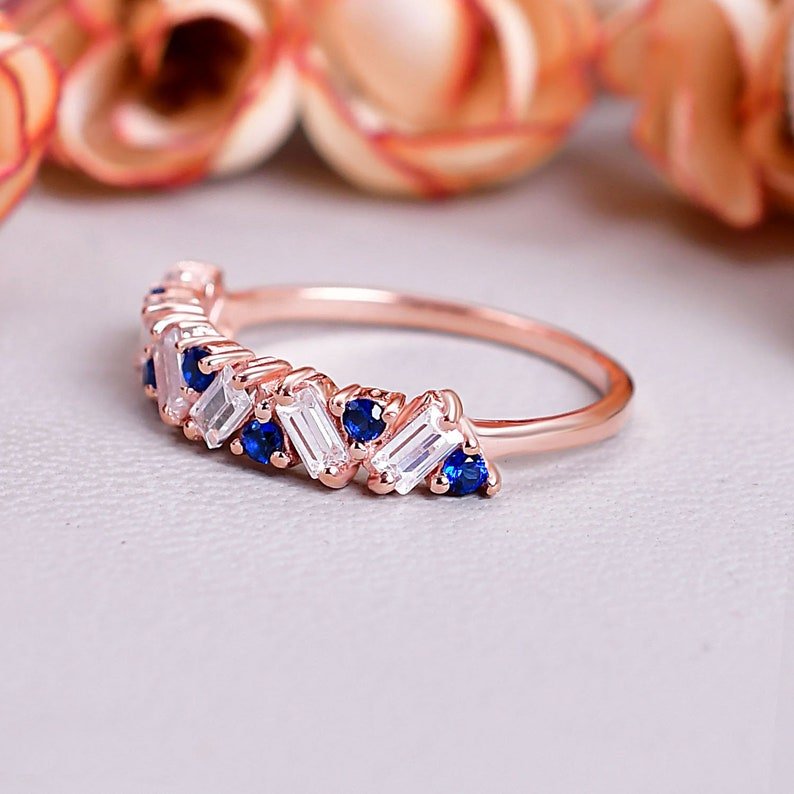 Vintage Baguette Cut Moissanite & Blue Sapphire Wedding Ring
