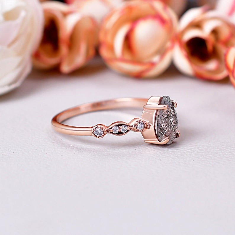 Black Rutilated Quartz & Vintage Moissanite Engagement Ring
