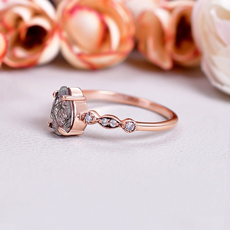 Black Rutilated Quartz & Vintage Moissanite Engagement Ring