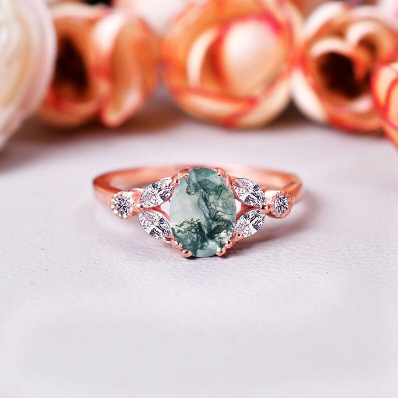 Vintage Oval Cut Green Moss Agate Engagement Ring
