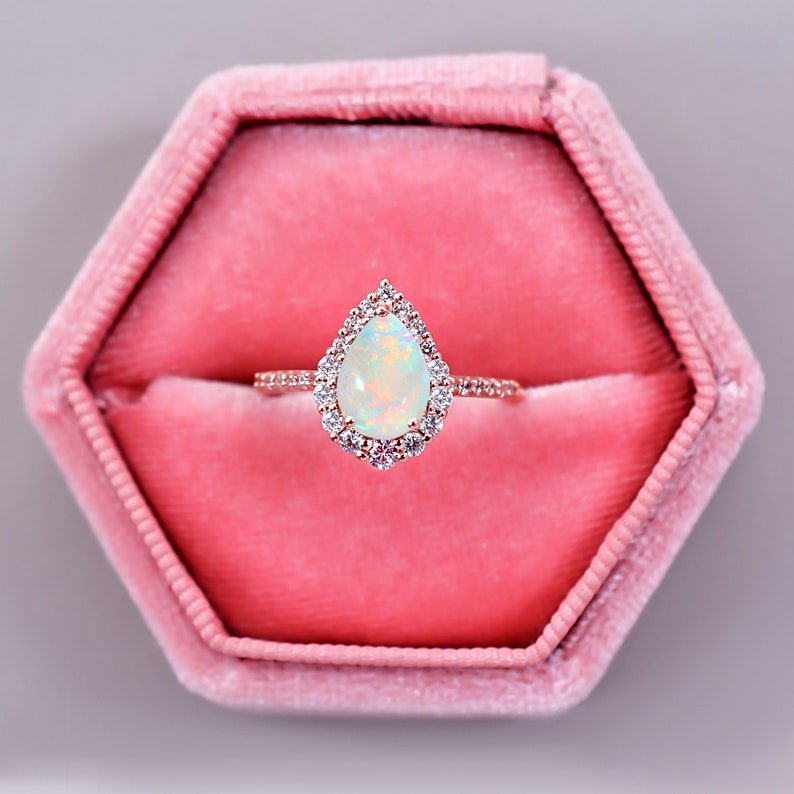 Sparkling Opal Ring Pear Shape Opal Halo Ring
