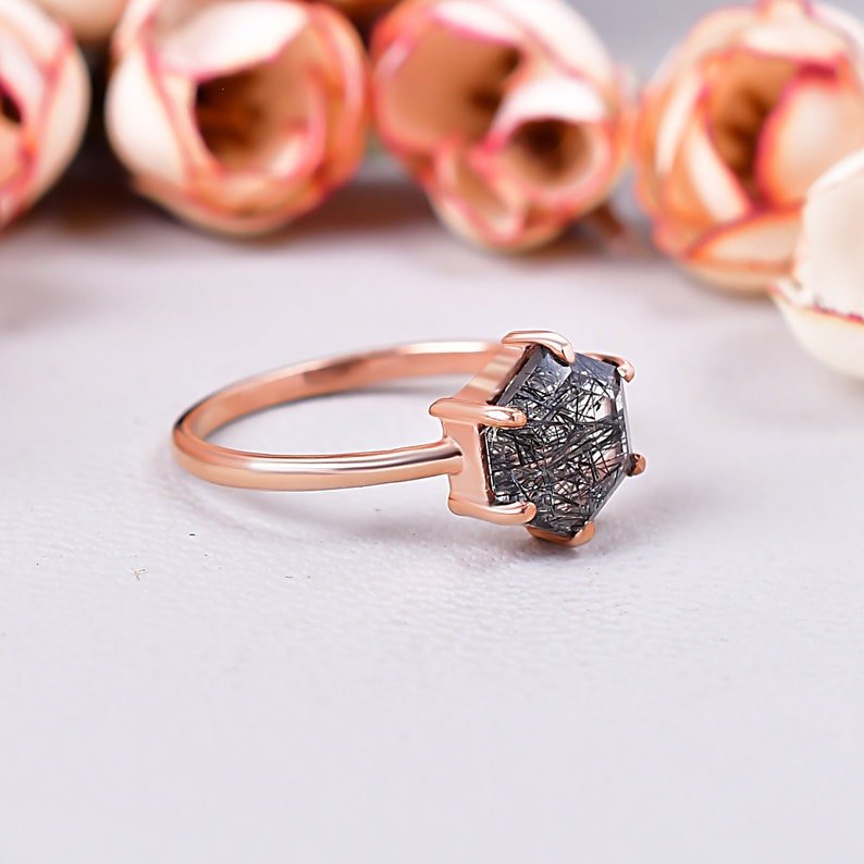 Black Rutile Quartz Solitaire Engagement Ring Birthday Gift