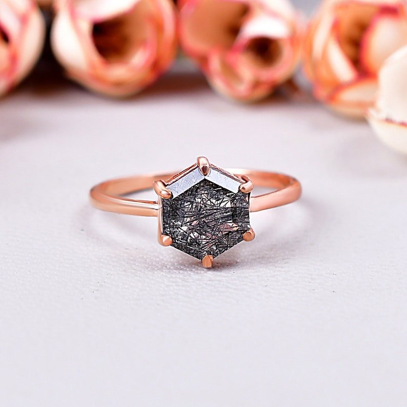 Black Rutile Quartz Solitaire Engagement Ring Birthday Gift