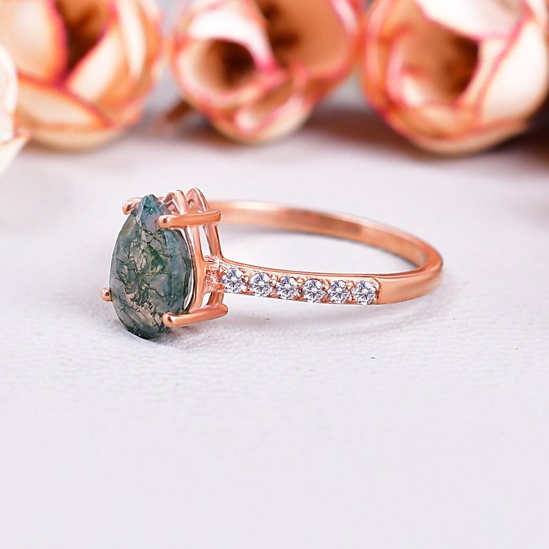 Natural Pear Shaped Moss Agate Engagement Ring for her