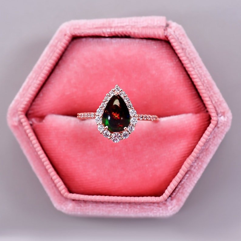 Vintage Black Opal Engagement Ring Unique Opal Ring