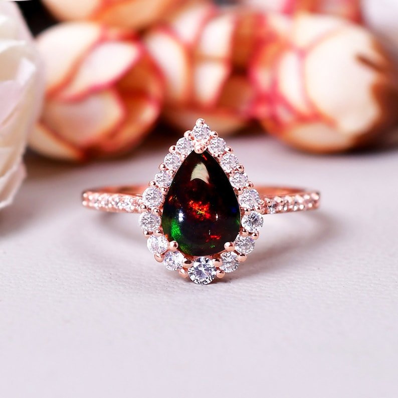 Vintage Black Opal Engagement Ring Unique Opal Ring
