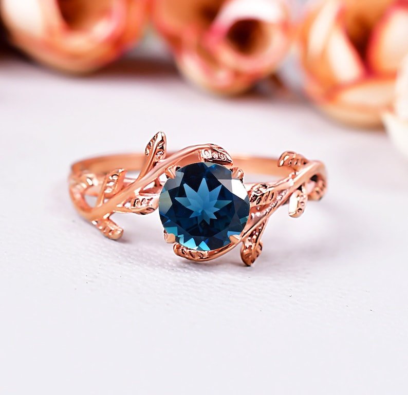 London Blue Topaz Engagement ring Leaf Design Ring