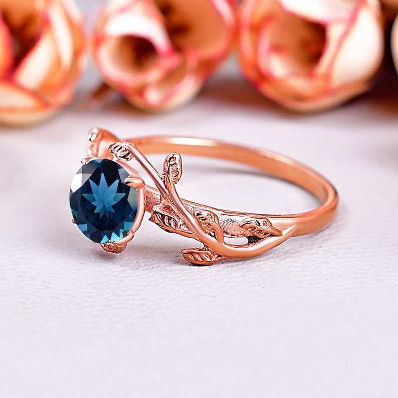 London Blue Topaz Engagement ring Leaf Design Ring
