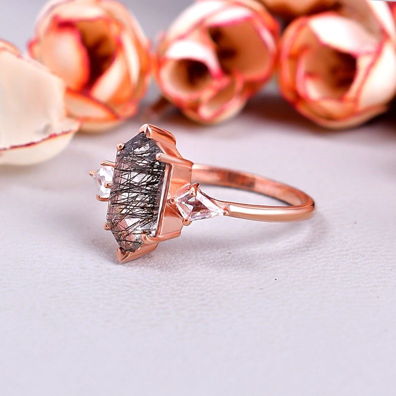 Hexagon Black Rutile Quartz Engagement Ring