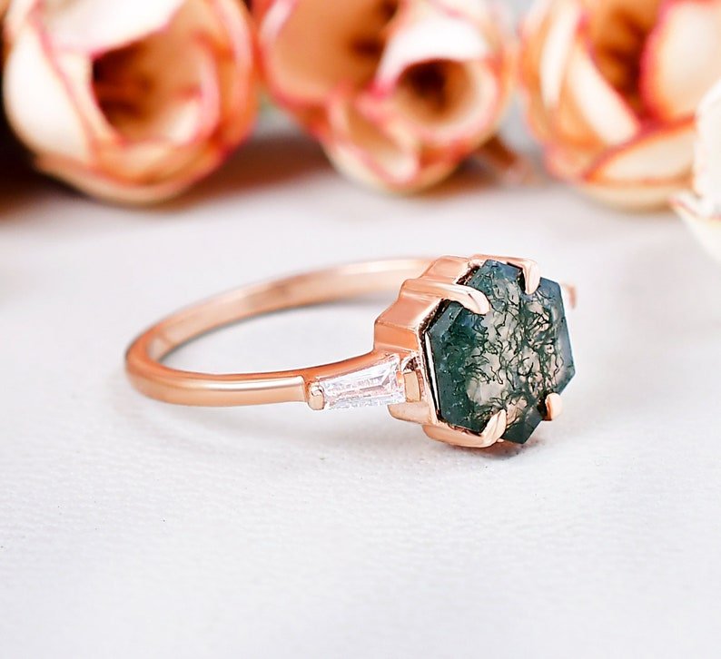 Vintage Hexagon Moss Agate Ring With Moissanite Gemstone