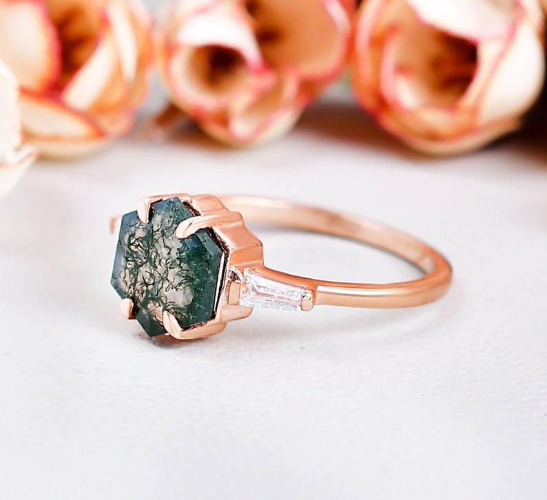 Vintage Hexagon Moss Agate Ring With Moissanite Gemstone