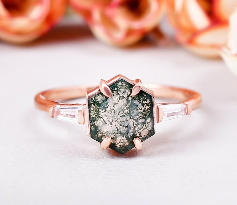Vintage Hexagon Moss Agate Ring With Moissanite Gemstone