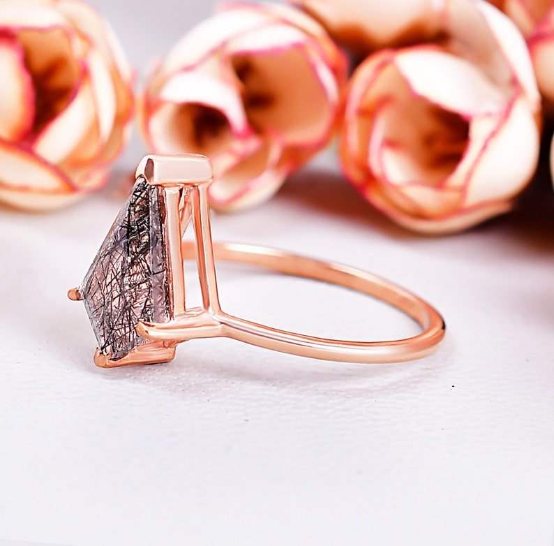 Natural Black Rutile Quartz Kite Shape Wedding Ring