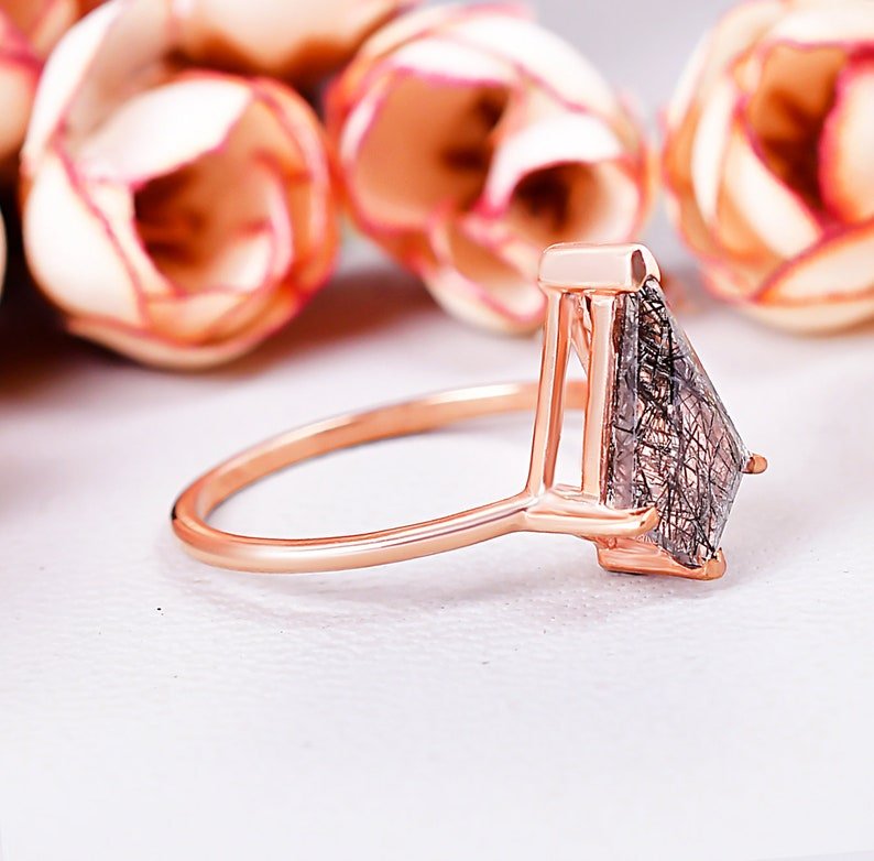 Natural Black Rutile Quartz Kite Shape Wedding Ring