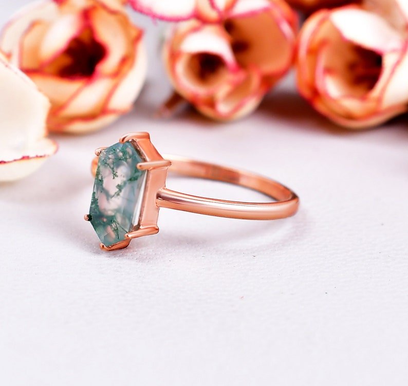 Unique Long Hexagon Moss Agate Promise Ring