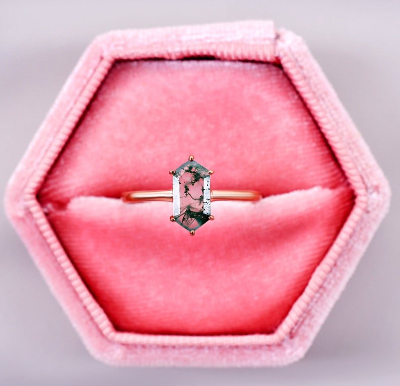 Unique Long Hexagon Moss Agate Promise Ring