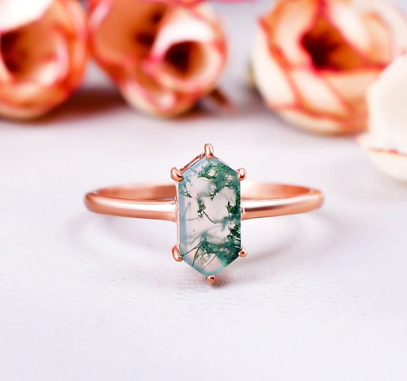 Unique Long Hexagon Moss Agate Promise Ring