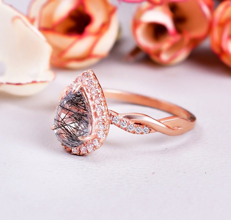 AAA Natural Black Rutile Wedding Bridal Ring Twisted ring