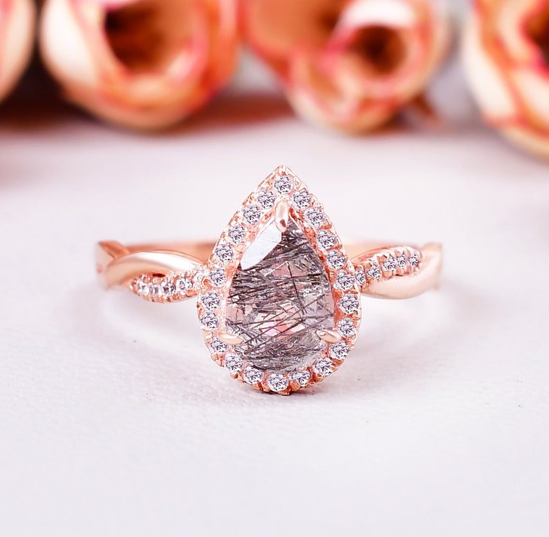 AAA Natural Black Rutile Wedding Bridal Ring Twisted ring