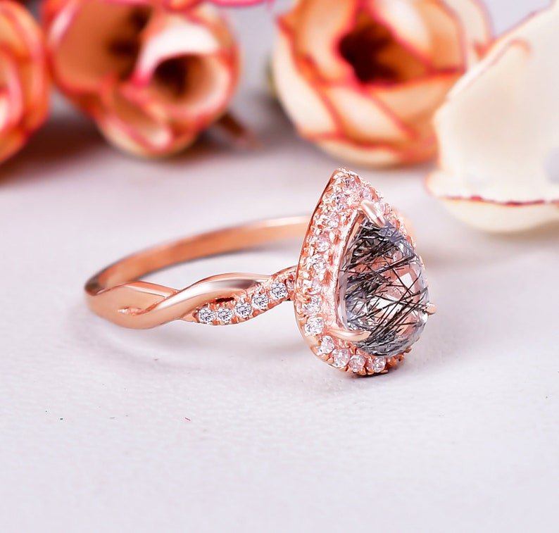 AAA Natural Black Rutile Wedding Bridal Ring Twisted ring
