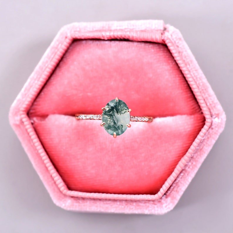 Vintage Moss agate Ring Green Gemstone Engagement Ring