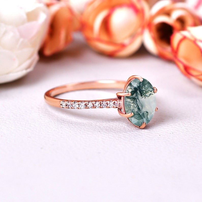 Vintage Moss agate Ring Green Gemstone Engagement Ring