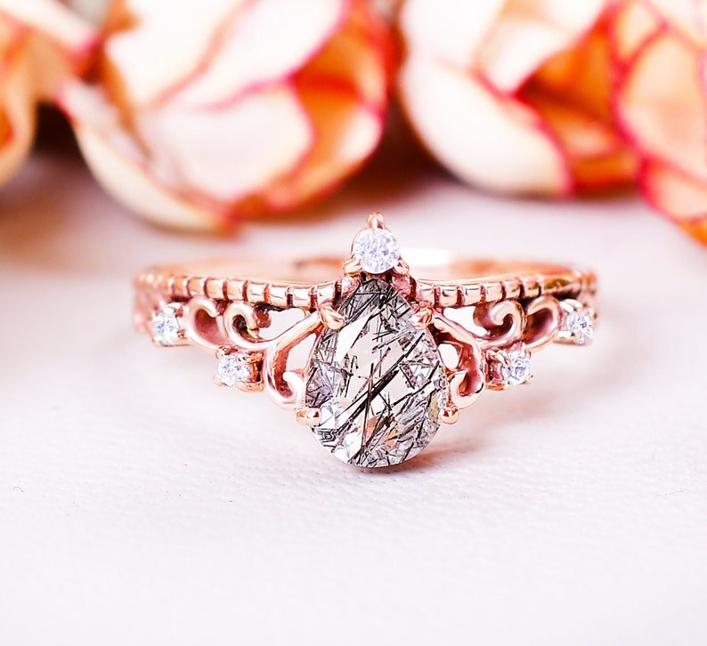 Teardrop Tourmalinated Quartz Crown Engagement Ring