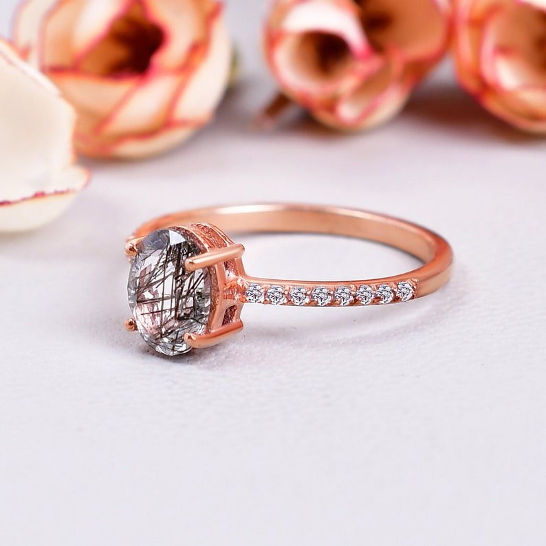 Unique Oval Cut Black Rutilated Quartz Engagement Ring