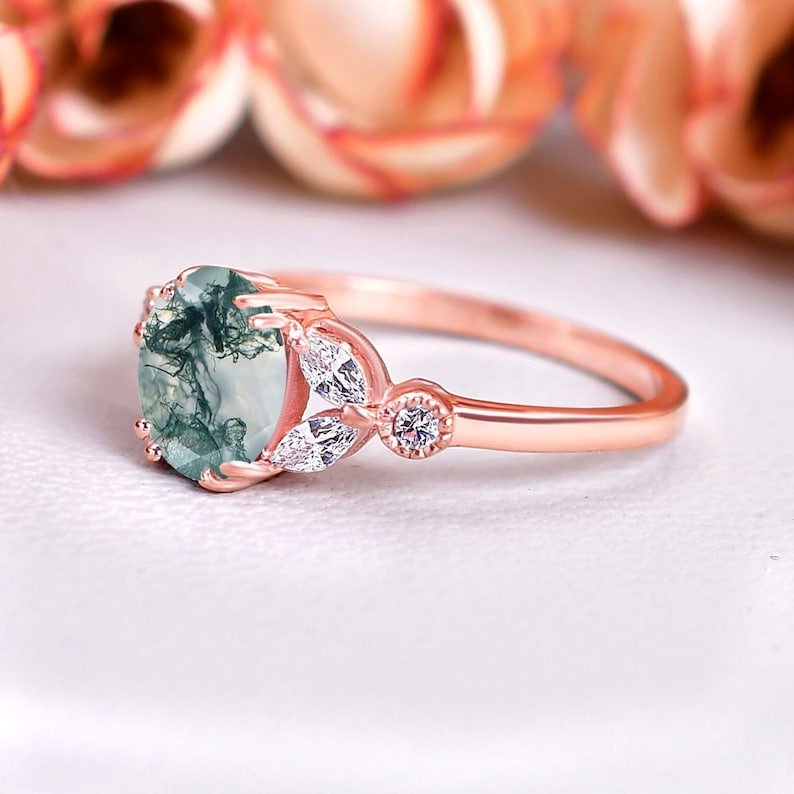Vintage Oval Cut Green Moss Agate Engagement Ring