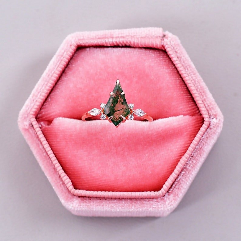 Natural Moss Agate Kite Shape Engagement Ring