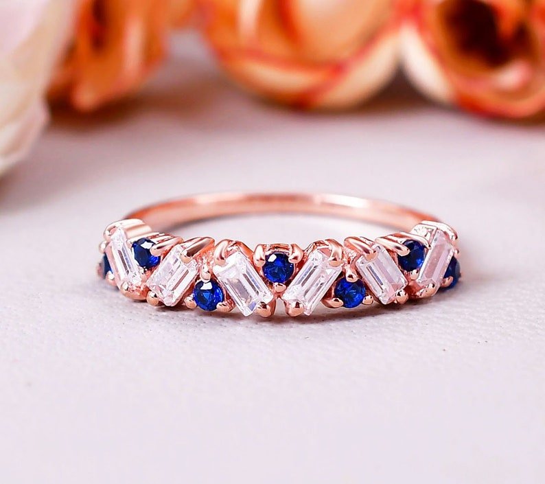 Vintage Baguette Cut Moissanite & Blue Sapphire Wedding Ring