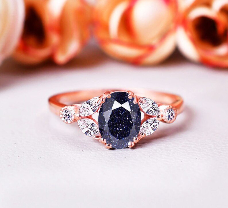 Unique Galaxy Healing Oval Cut Blue Sandstone Ring