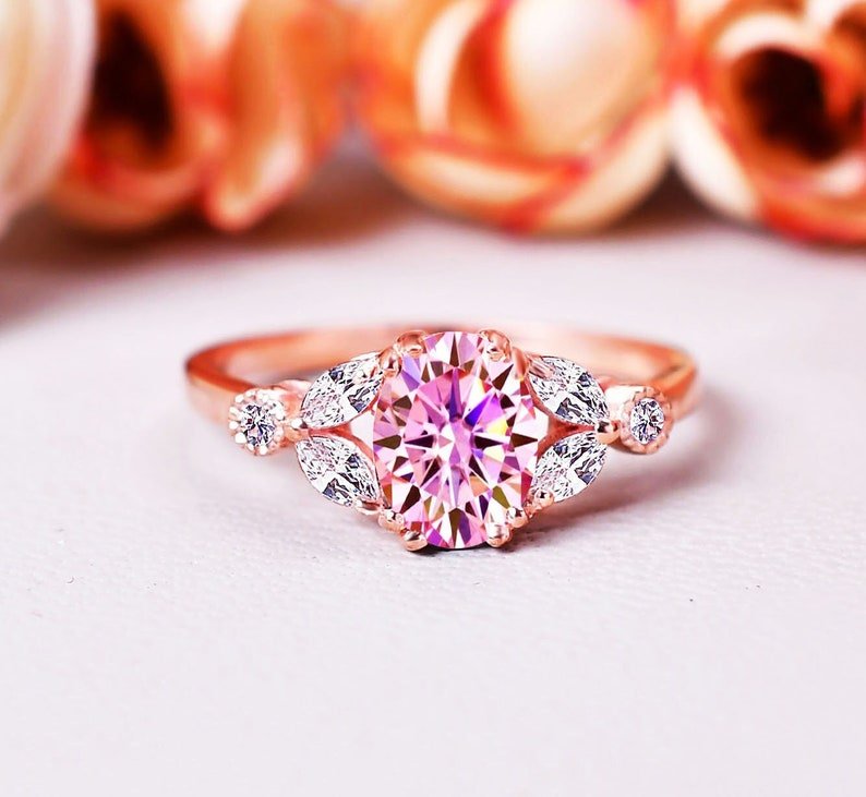 Unique Pink Moissanite Promise Ring Oval Moissanite Ring