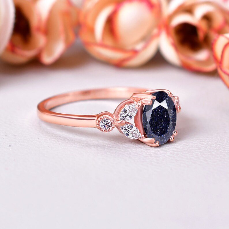 Unique Galaxy Healing Oval Cut Blue Sandstone Ring