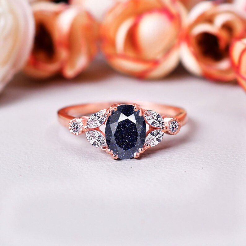 Unique Galaxy Healing Oval Cut Blue Sandstone Ring