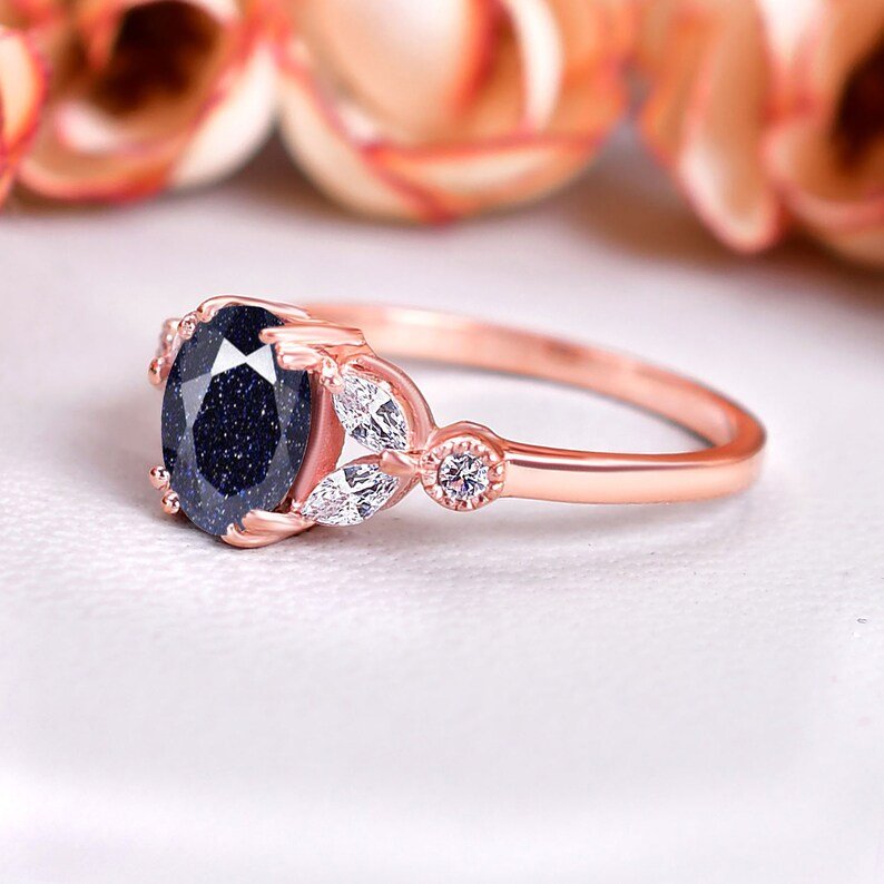Unique Galaxy Healing Oval Cut Blue Sandstone Ring